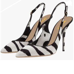 XYD Black Zebra Print Pointed Toe Pumps Rhinestones Slingback High Heels Sandals